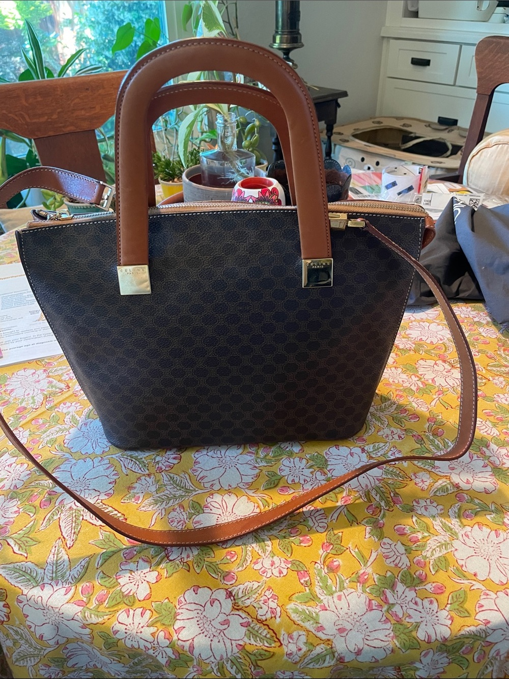 Celine Macadam Handbag with Tan Leather Handles + Crossbody strap